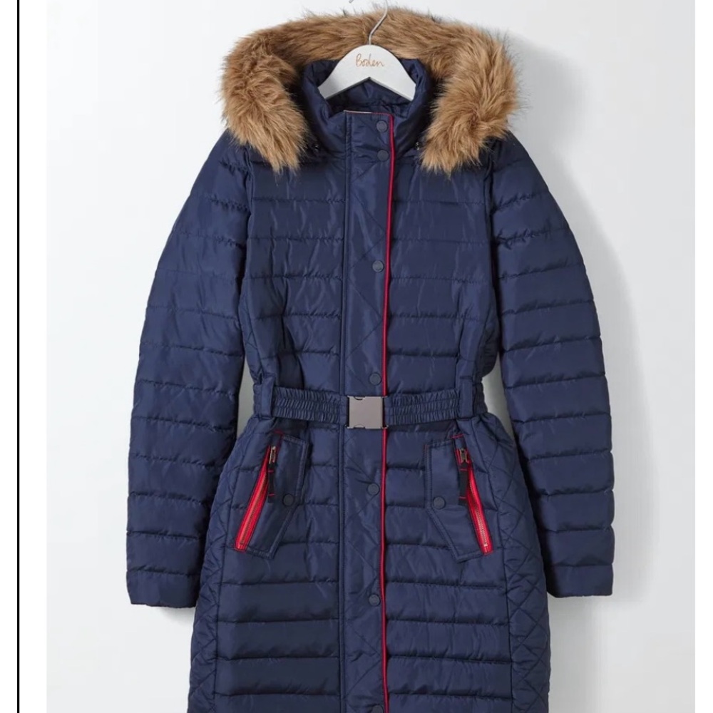 Boden Navy Alberta Puffer Coat with Faux Fur Hood